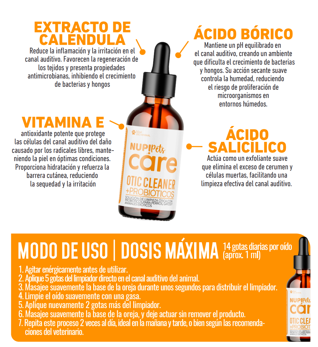 NUP!PETS CARE LIMPIADOR ÓTICO PROBIÓTICO Y ANTIMICROBIANOS.