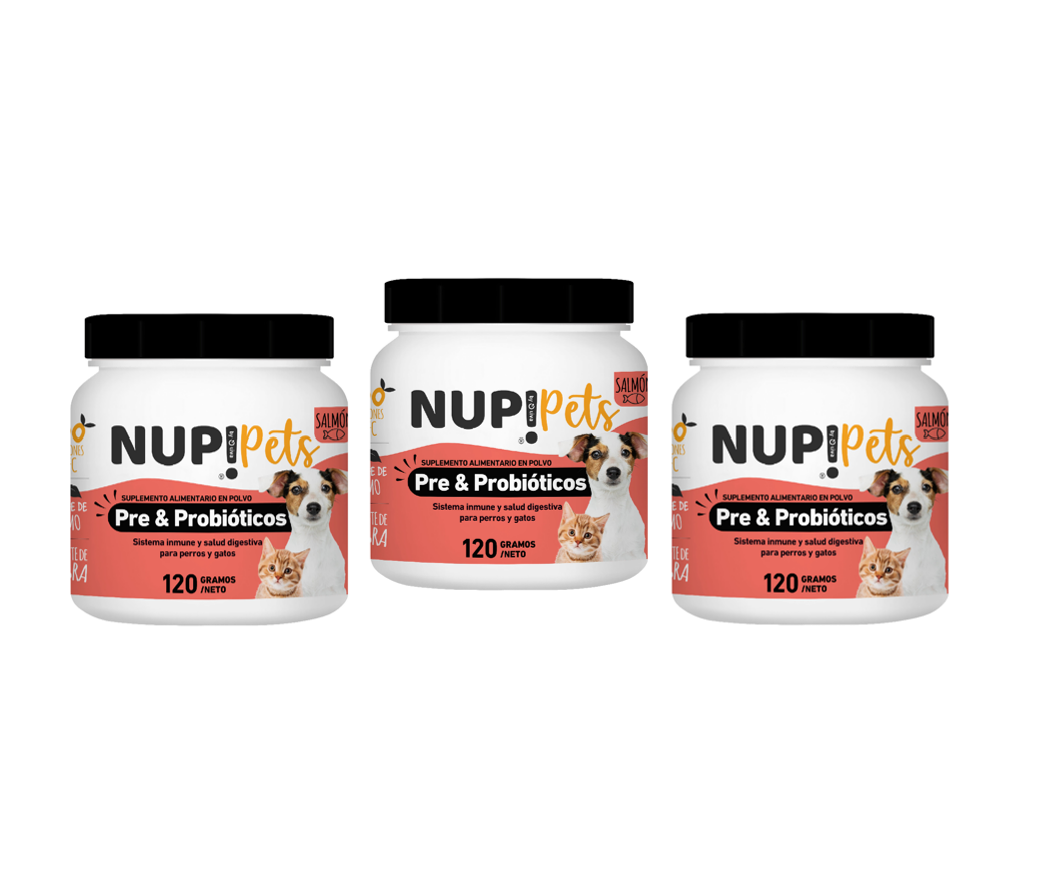TRÍO PRE Y PROBIÓTICOS PERROS Y GATOS NUP!PETS SALMÓN