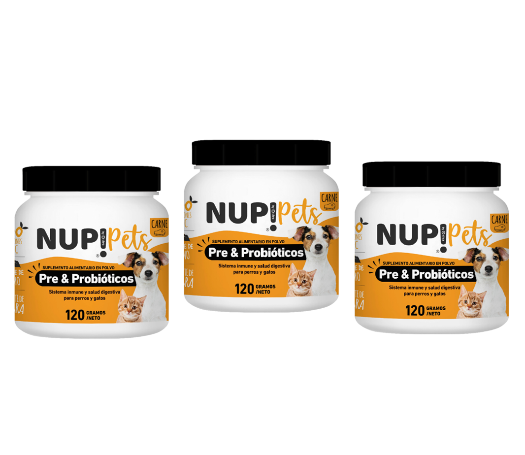 TRÍO PRE Y PROBIÓTICOS PERROS Y GATOS NUP!PETS CARNE