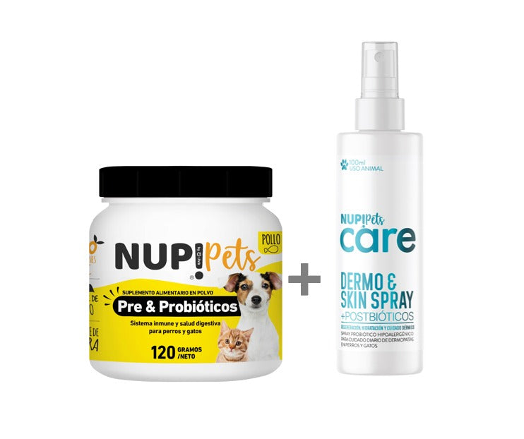 PACK PRE Y PROBIÓTICOS NUP!PETS POLLO + NUP!PETS CARE DERMO & SKIN