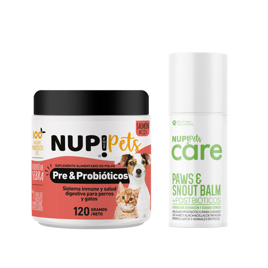 PACK PRE Y PROBIÓTICOS NUP!PETS SALMON + NUP!PETS CARE PAWS & SNOUT BALM