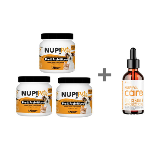 TRÍO PRE Y PROBIÓTICOS NUP!PETS CARNE + NUP!PETS CARE OTIC CLEANER GRATIS