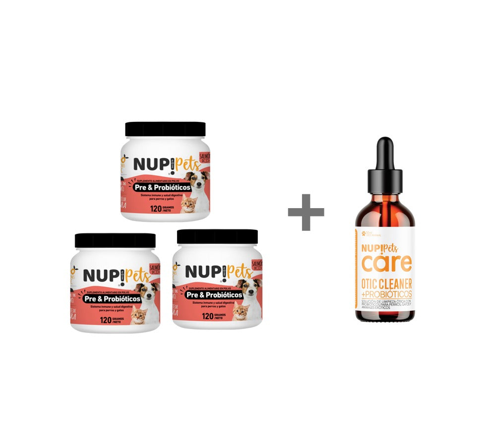 TRÍO PRE Y PROBIÓTICOS NUP!PETS SALMÓN + NUP!PETS CARE OTIC CLEANER GRATIS