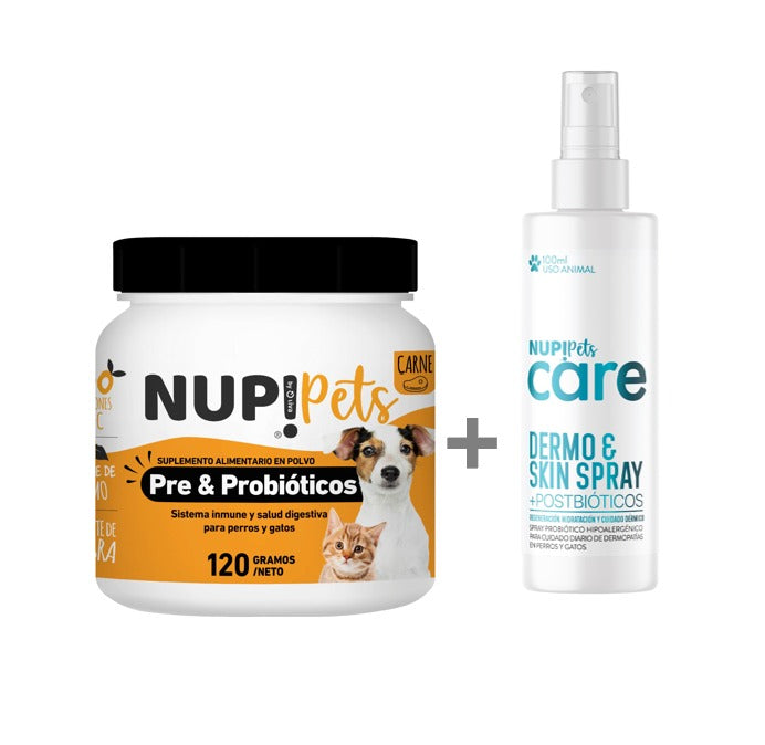 PACK PRE Y PROBIÓTICOS NUP!PETS CARNE + NUP!PETS CARE DERMO & SKIN