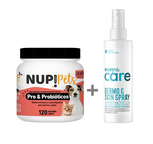 PACK PRE Y PROBIÓTICOS NUP!PETS SALMON + NUP!PETS CARE DERMO & SKIN